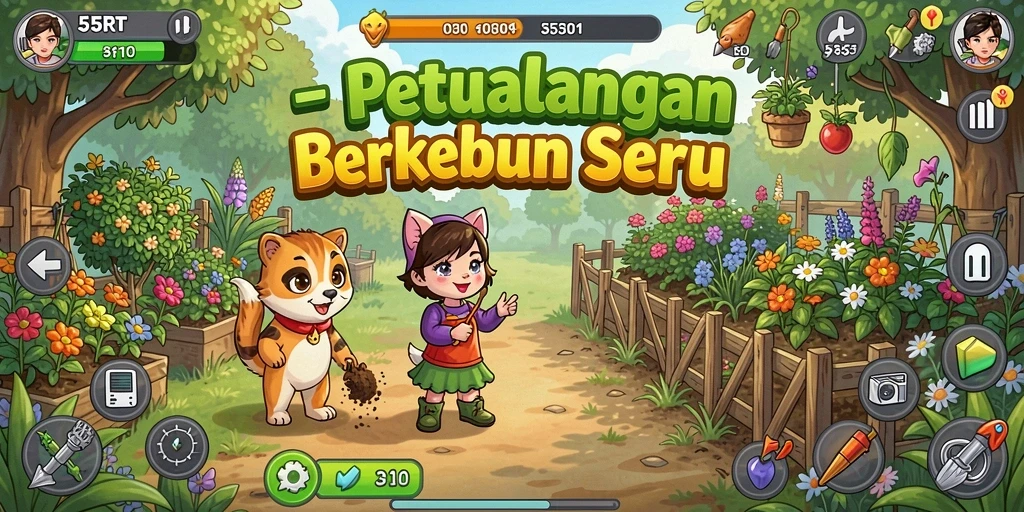 Tampilan gameplay seru 55RT dengan berkebun dan mengelola farm.