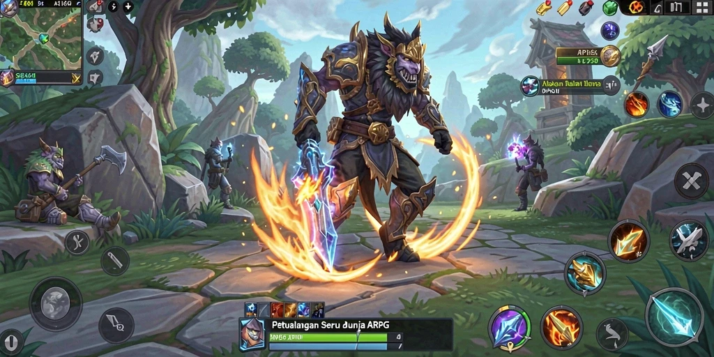 Screenshot utama menampilkan pertarungan epik dalam gameplay ARPG.