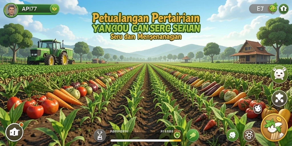 Tampilan gameplay <strong>API77</strong> yang menampilkan ladang dan proses bertani.