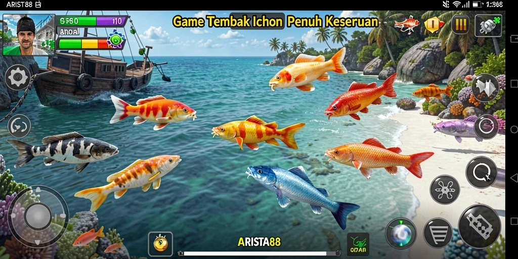 Screenshot gameplay <strong>ARISTA88</strong> dengan aksi tembak ikan yang seru.