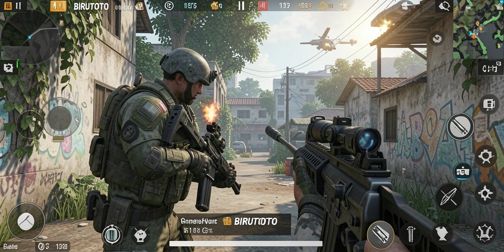 Screenshot gameplay BIRUTOTO dengan aksi tembak-menembak yang mendebarkan.