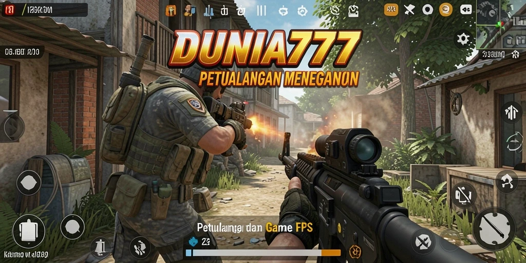 Screenshot gameplay DUNIA777 menampilkan aksi tembak-menembak yang mendebarkan.