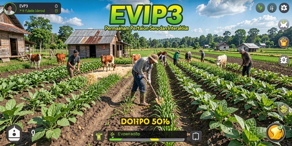 Tangkapan layar gameplay EVIP3 menampilkan kebun yang indah dan interaksi petani.