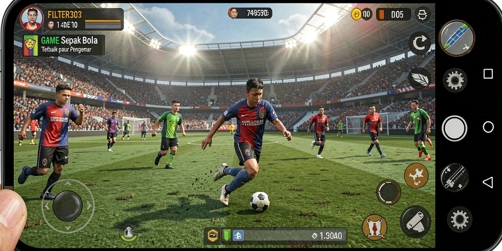Screenshot menunjukkan aksi seru permainan sepak bola FILTER303.