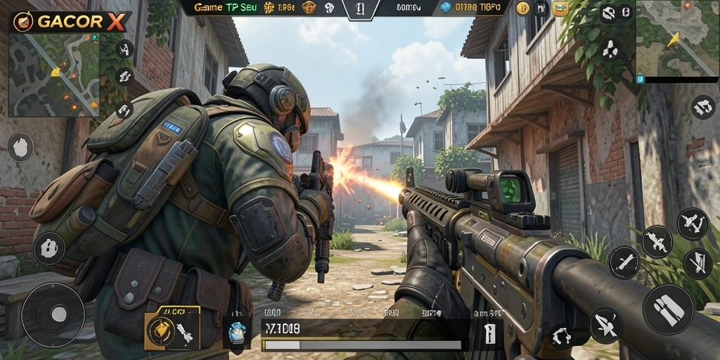 Gameplay GACORX menampilkan aksi TPS mendebarkan.