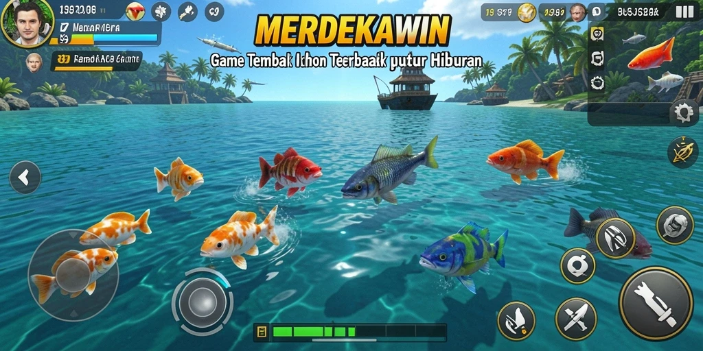 Screenshot gameplay MERDEKAWIN menampilkan aksi menembak ikan yang seru.