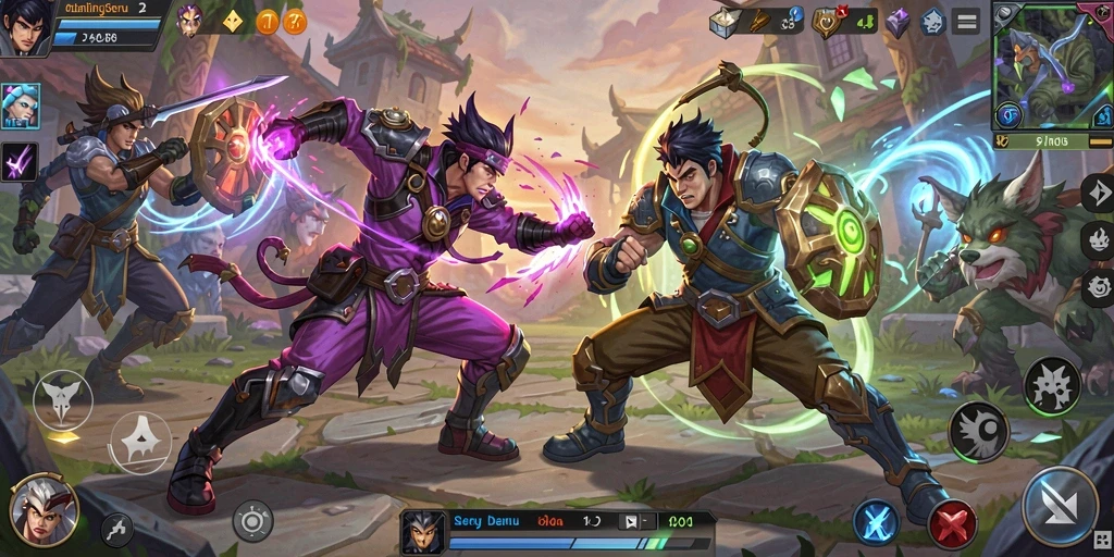 Tampilan gameplay seru di MPO08 dengan karakter bertarung.