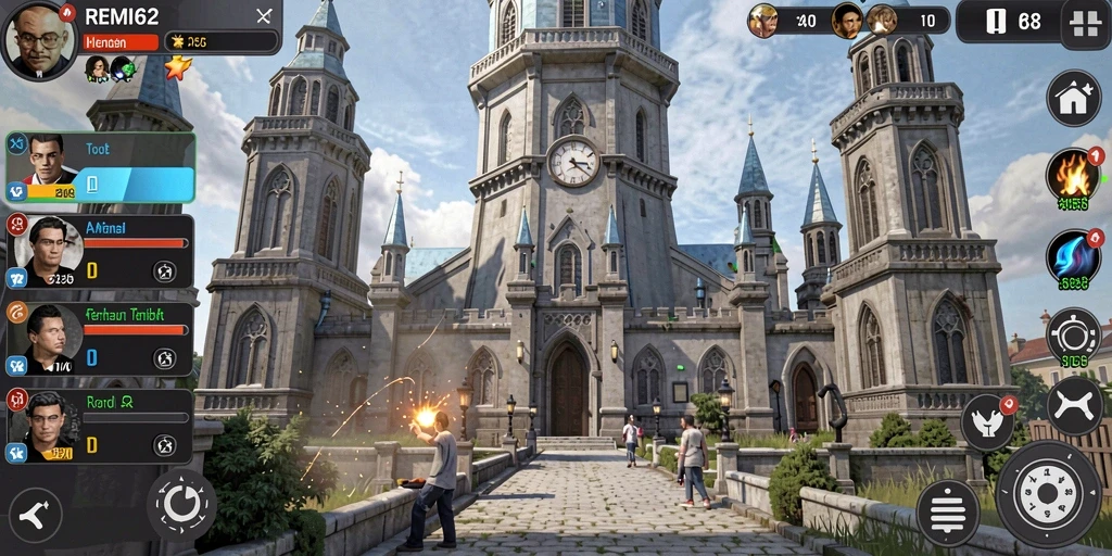 Screenshot gameplay REMI62 menunjukkan pertarungan menara yang mendebarkan.
