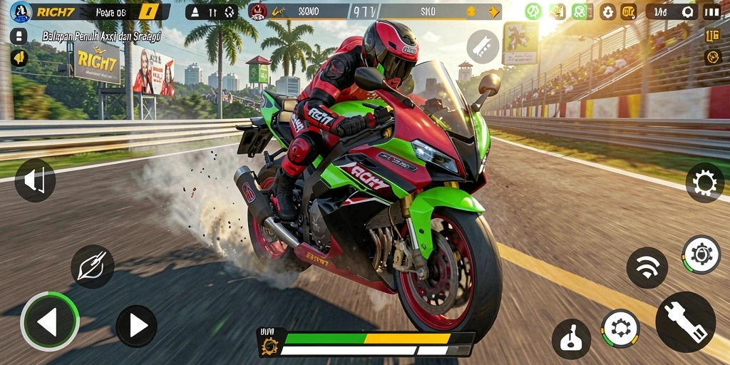 Tangkapan layar utama RICH7 menampilkan balapan motor yang seru dan grafis menawan.