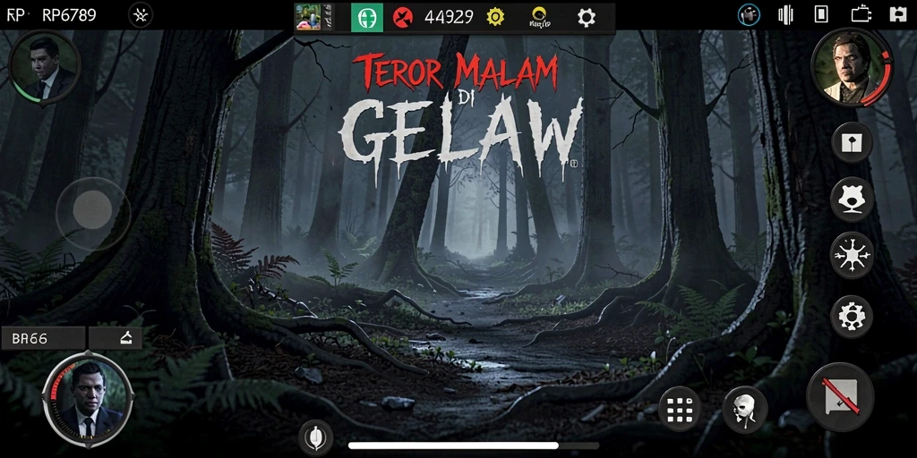 Screenshot menampilkan karakter dalam kegelapan hutan yang menakutkan.