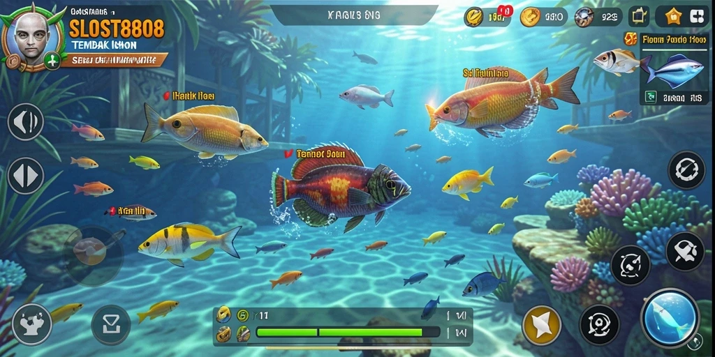 Menampilkan gameplay seru dari SLOST8808 dengan ikan beragam.