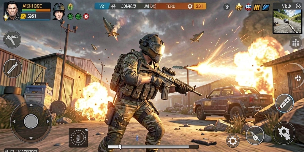 Screenshot V21 menampilkan aksi tembak-menembak yang seru dalam gameplay TPS.