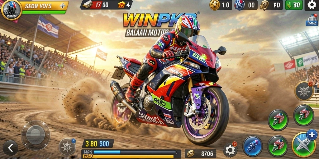 Screenshot gameplay WINPKR menampilkan balapan motor yang seru.