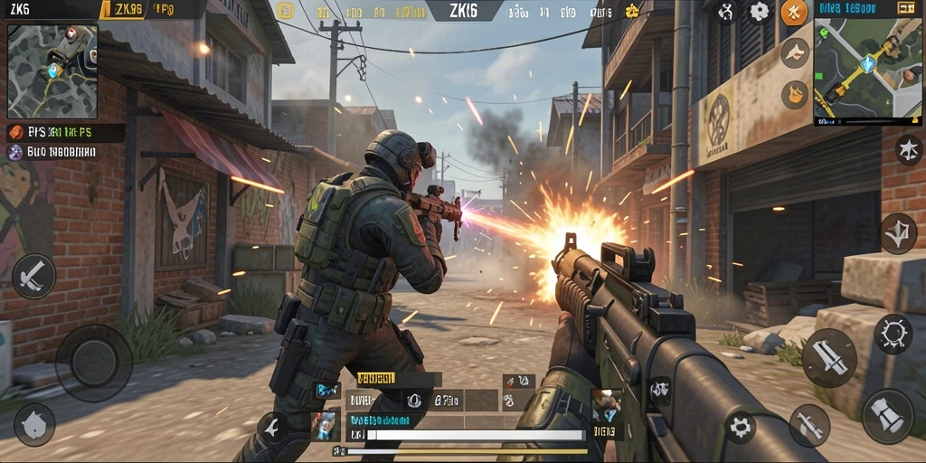 Screenshot ZK6 menampilkan aksi pertempuran FPS yang seru.